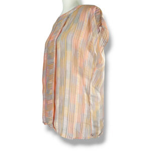 EUC VTG Malbe 70s Keyhole Button Sheer Dolman Short Sleeve Blouse Sz. 14 Pastel